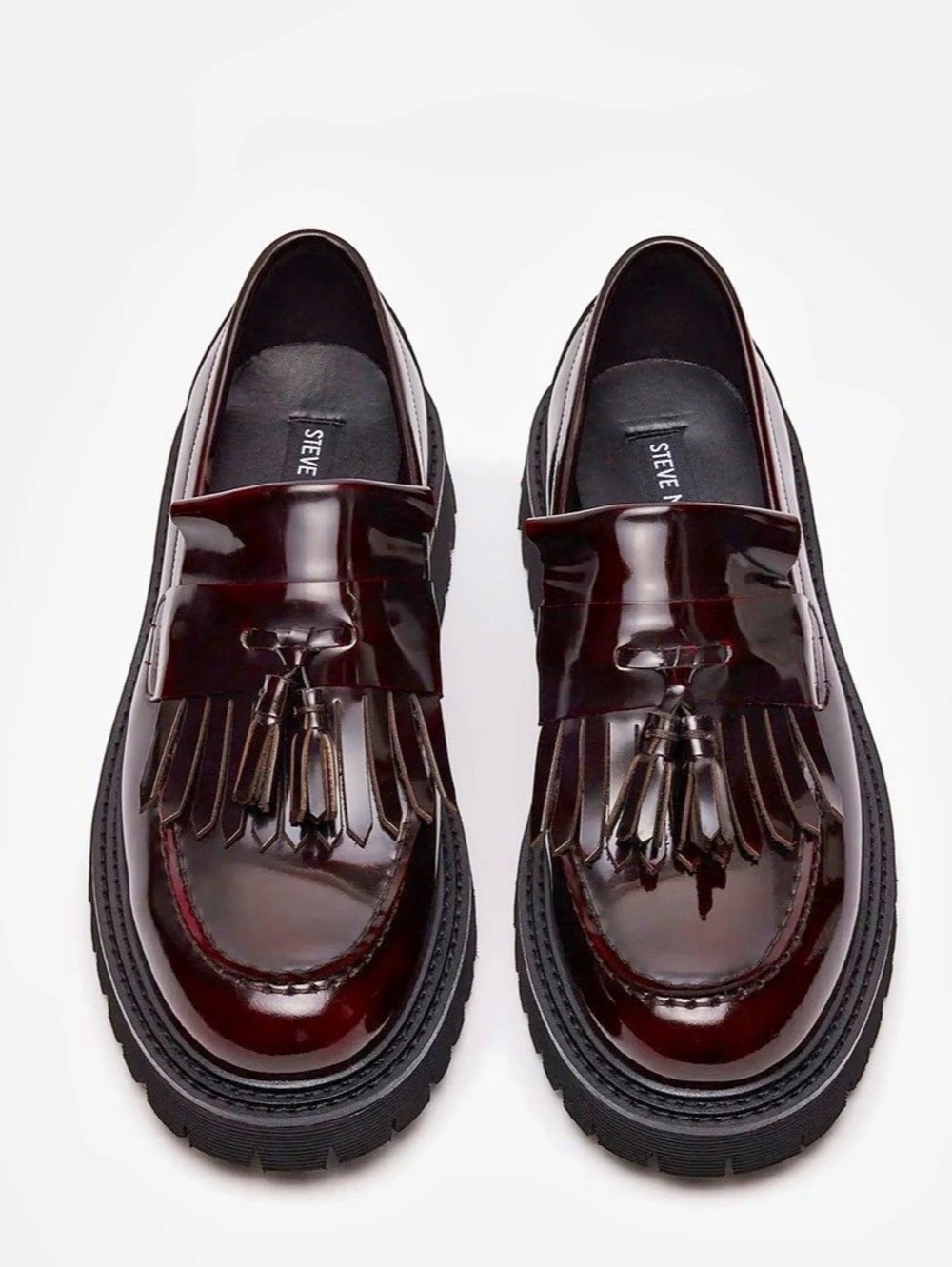 STEVE MADDEN Patent Tassel Lug Sole Loafers in Burgundy